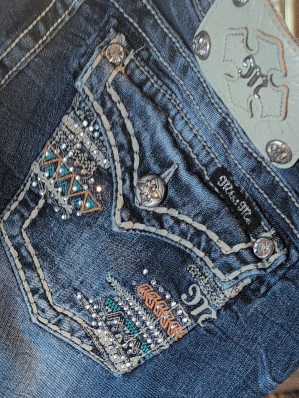 Miss Me 30 Dark Blue  Denim Shorts 🩳 🩵 Teal Copper Aztec Accents